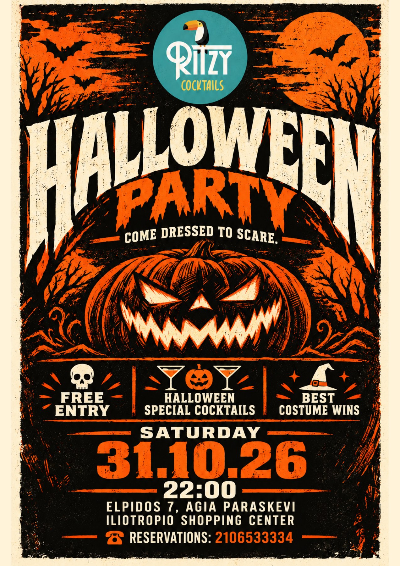 Ritzy Halloween Party poster with a jack-o’-lantern, bats and orange moon. Saturday 31 October 2026, 22:00, at The Ritzy in Agia Paraskevi.